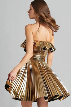 Sparkly Gold Metallic A-Line Pleated Strapless Short Cocktail Dress