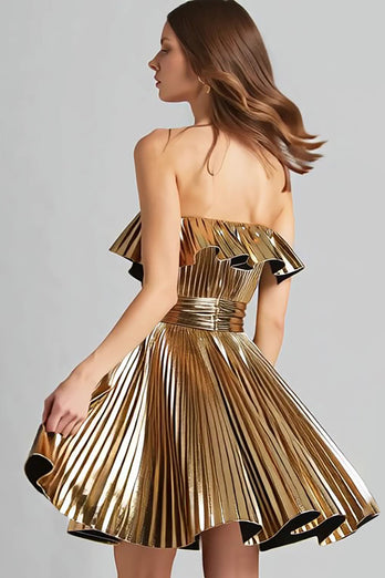Sparkly Gold Metallic A-Line Pleated Strapless Short Cocktail Dress