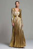 Load image into Gallery viewer, Sparkly Gold Metallic  A-Line Pleated V-Neck Long Sleeves Formal Dress
