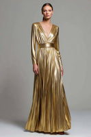 Load image into Gallery viewer, Sparkly Gold Metallic  A-Line Pleated V-Neck Long Sleeves Formal Dress