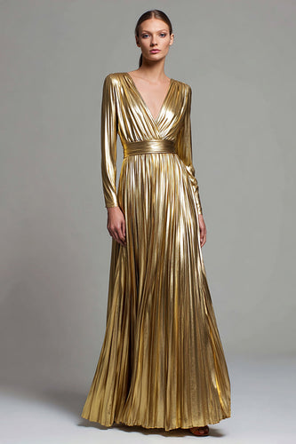 Sparkly Gold Metallic  A-Line Pleated V-Neck Long Sleeves Formal Dress