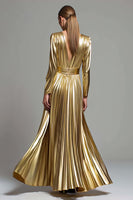 Load image into Gallery viewer, Sparkly Gold Metallic  A-Line Pleated V-Neck Long Sleeves Formal Dress