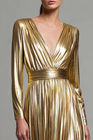 Load image into Gallery viewer, Sparkly Gold Metallic  A-Line Pleated V-Neck Long Sleeves Formal Dress
