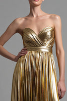 Load image into Gallery viewer, Sparkly Gold Metallic Pleated Sweetheart A-Line Long Formal Dress