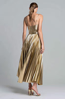 Load image into Gallery viewer, Sparkly Gold Spaghetti Straps Metallic Pleated A-Line Long Formal Dress