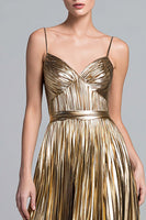 Load image into Gallery viewer, Sparkly Gold Spaghetti Straps Metallic Pleated A-Line Long Formal Dress