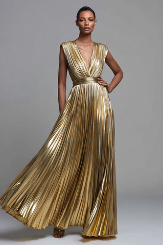 Sparkly Gold Metallic Deep V-Neck Pleated A-Line Long Formal Dress
