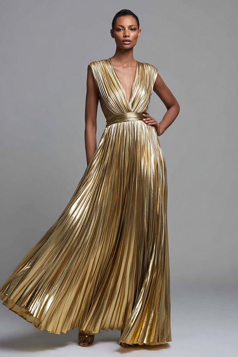 Queendancer Women Sparkly Metallic Gold A-Line Long Formal Dress Pleated Deep V-Neck Gala Dress queendancer Queendancer Women Sparkly Metallic Gold A-Line Long Formal Dress Pleated Deep V-Neck Gala Dress queendancer