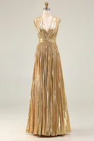 Load image into Gallery viewer, Sparkly Gold Metallic Deep Pleated V-Neck Long Formal Dress