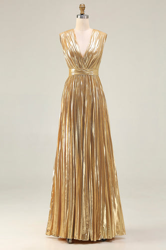 Sparkly Gold Metallic Deep Pleated V-Neck Long Formal Dress