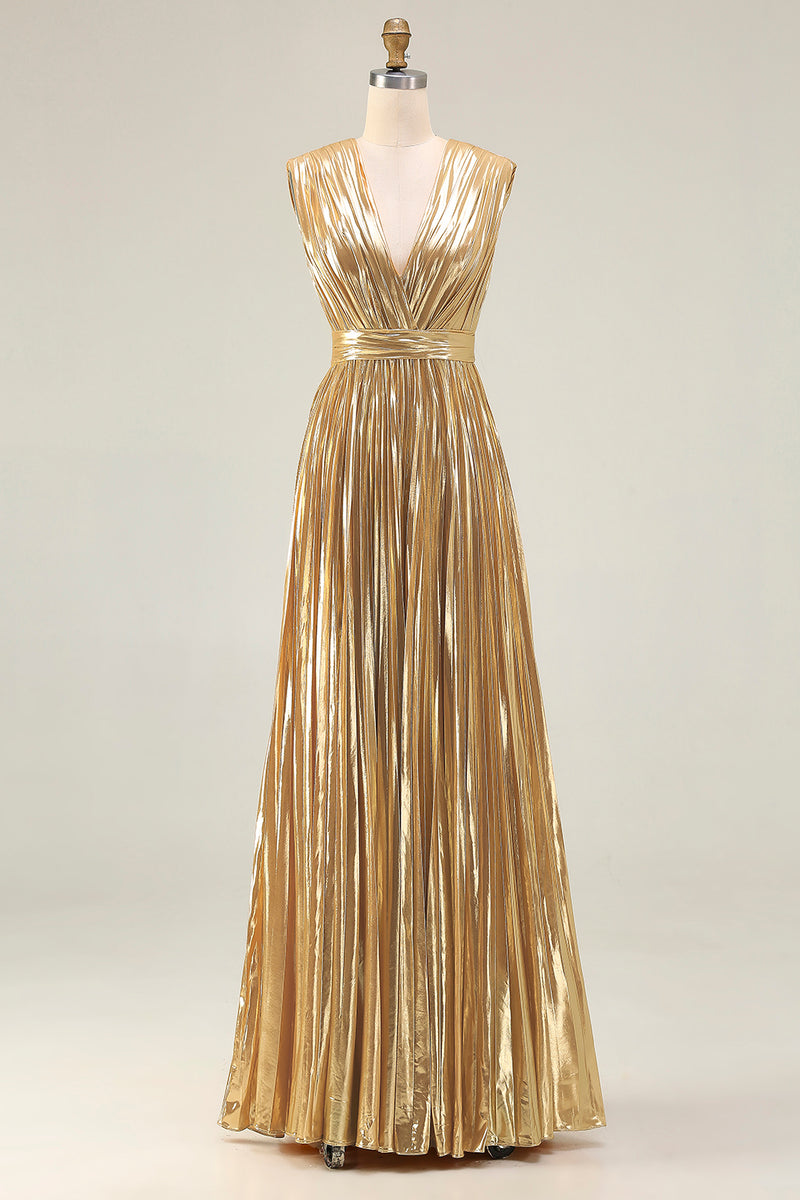Load image into Gallery viewer, Sparkly Gold Metallic Deep Pleated V-Neck Long Formal Dress