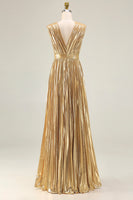 Load image into Gallery viewer, Sparkly Gold Metallic Deep Pleated V-Neck Long Formal Dress
