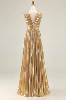 Queendancer Women Sparkly Metallic Gold A-Line Long Formal Dress Pleated Deep V-Neck Gala Dress