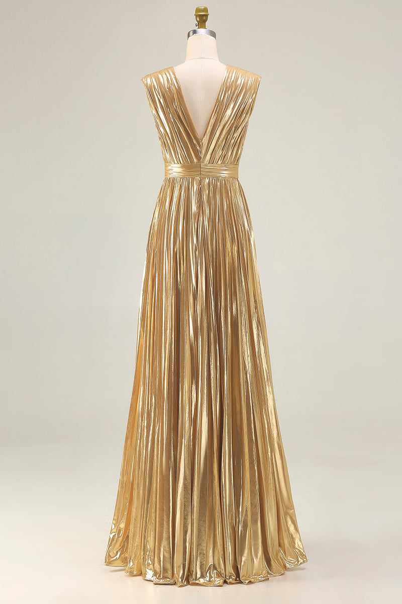 Load image into Gallery viewer, Sparkly Gold Metallic Deep Pleated V-Neck Long Formal Dress