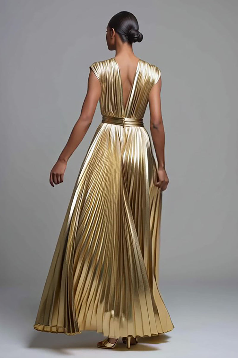 Load image into Gallery viewer, Sparkly Gold Metallic Deep V-Neck Pleated A-Line Long Formal Dress