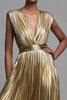 Load image into Gallery viewer, Sparkly Gold Metallic Deep V-Neck Pleated A-Line Long Formal Dress