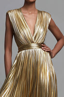 Load image into Gallery viewer, Sparkly Gold A-Line Metallic Deep V-Neck Long Pleated Formal Dress