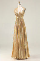 Load image into Gallery viewer, Sparkly Gold Metallic Deep Pleated V-Neck Long Formal Dress