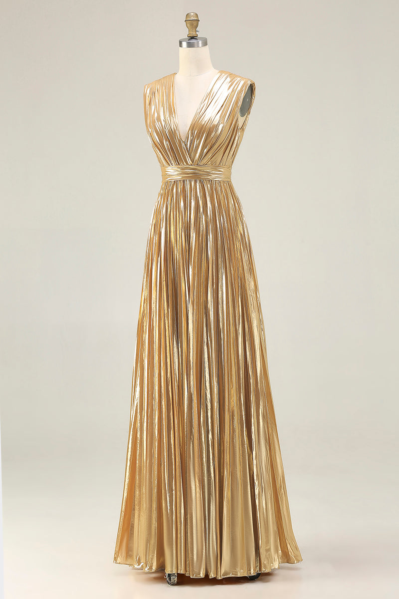 Load image into Gallery viewer, Sparkly Gold Metallic Deep Pleated V-Neck Long Formal Dress