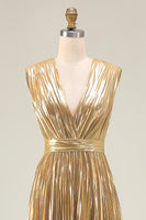 Load image into Gallery viewer, Sparkly Gold Metallic Deep Pleated V-Neck Long Formal Dress