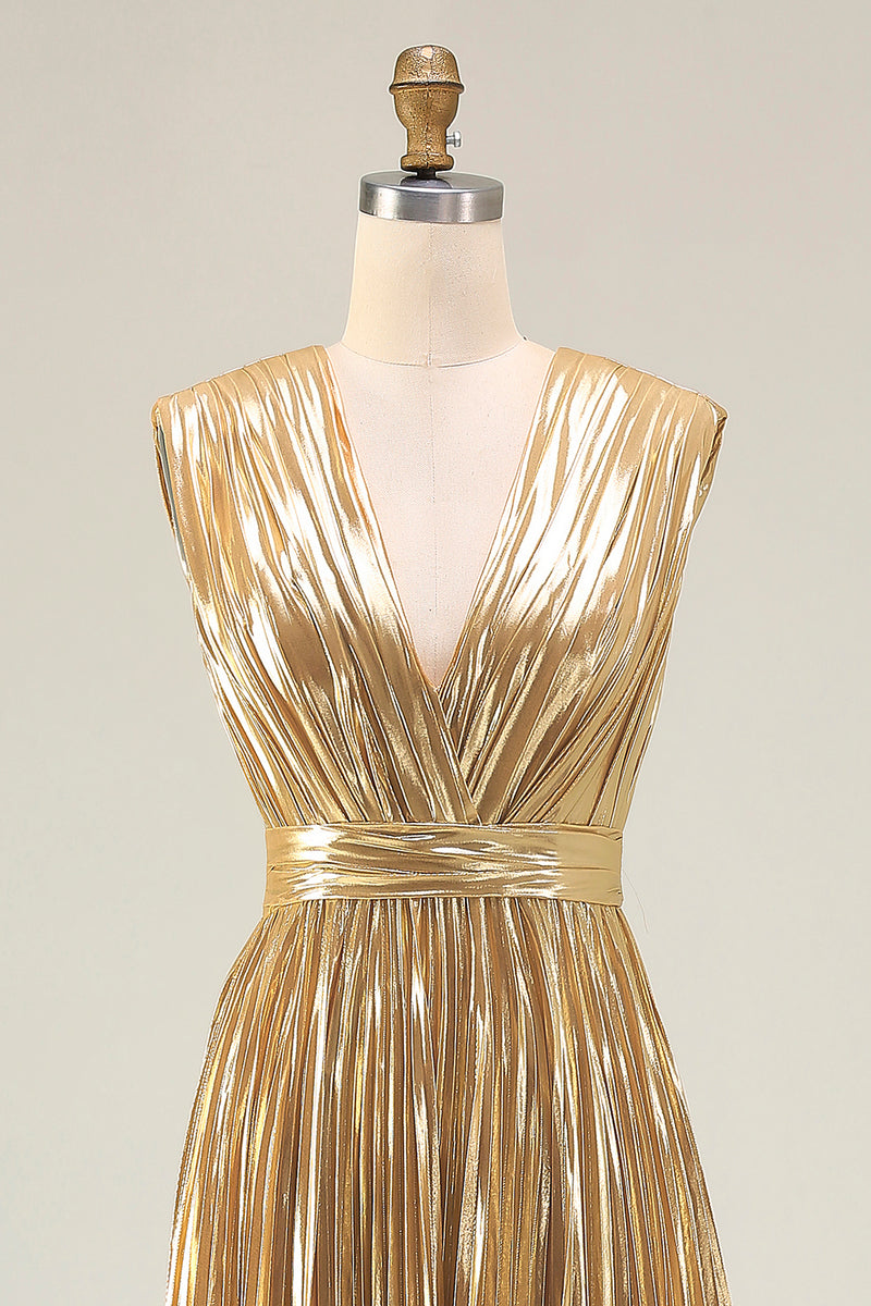 Load image into Gallery viewer, Sparkly Gold Metallic Deep Pleated V-Neck Long Formal Dress