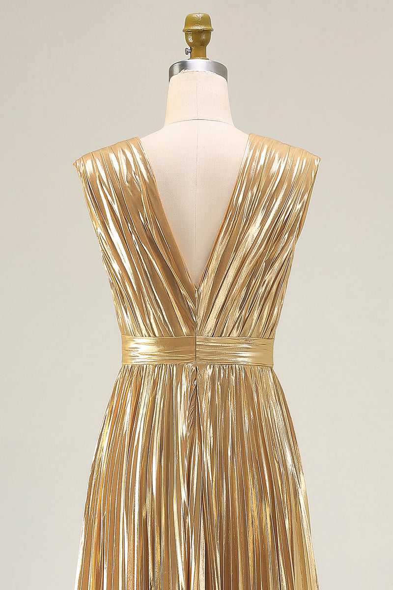 Load image into Gallery viewer, Sparkly Gold Metallic Deep Pleated V-Neck Long Formal Dress