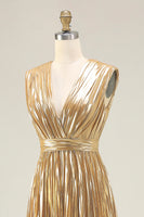 Load image into Gallery viewer, Sparkly Gold Metallic Deep Pleated V-Neck Long Formal Dress