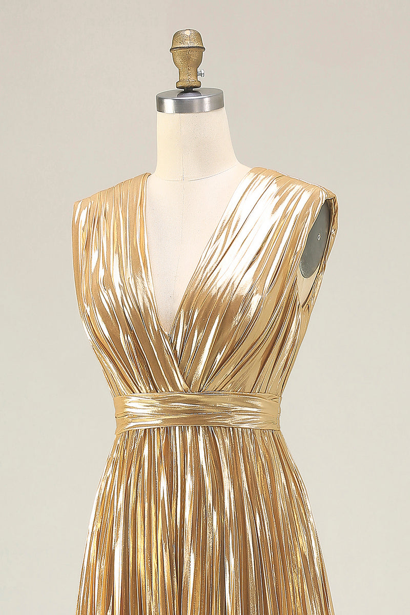 Load image into Gallery viewer, Sparkly Gold Metallic Deep Pleated V-Neck Long Formal Dress