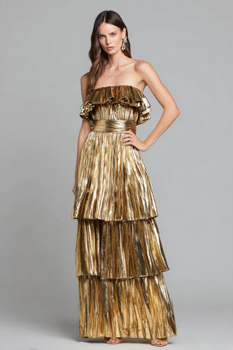 Sparkly Gold Metallic Pleated A-Line Long Formal Dress with Ruffles