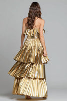 Load image into Gallery viewer, Sparkly Gold Metallic Pleated A-Line Long Formal Dress with Ruffles