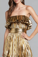 Load image into Gallery viewer, Sparkly Gold Metallic Pleated A-Line Long Formal Dress with Ruffles