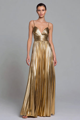 Sparkly Gold Pleated A-Line Metallic Spaghetti Straps Long Formal Dress