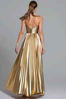 Load image into Gallery viewer, Sparkly Gold Pleated A-Line Metallic Spaghetti Straps Long Formal Dress
