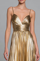 Load image into Gallery viewer, Sparkly Gold Pleated A-Line Metallic Spaghetti Straps Long Formal Dress