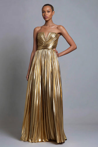 Sparkly Gold Metallic Strapless A-Line Pleated Long Formal Dress