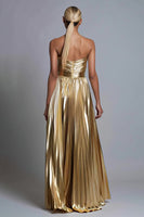 Load image into Gallery viewer, Sparkly Gold Metallic Strapless A-Line Pleated Long Formal Dress