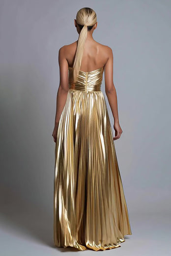 Sparkly Gold Metallic Strapless A-Line Pleated Long Formal Dress
