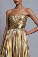 Load image into Gallery viewer, Sparkly Gold Metallic Strapless A-Line Pleated Long Formal Dress