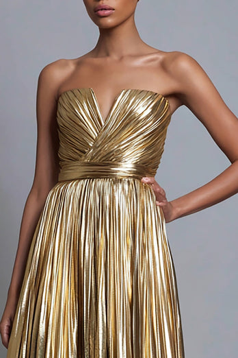 Sparkly Gold Metallic Strapless A-Line Pleated Long Formal Dress