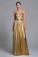 Load image into Gallery viewer, Sparkly Gold A-Line Metallic Pleated Spaghetti Straps Long Formal Dress