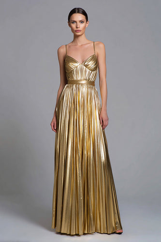 Sparkly Gold A-Line Metallic Pleated Spaghetti Straps Long Formal Dress
