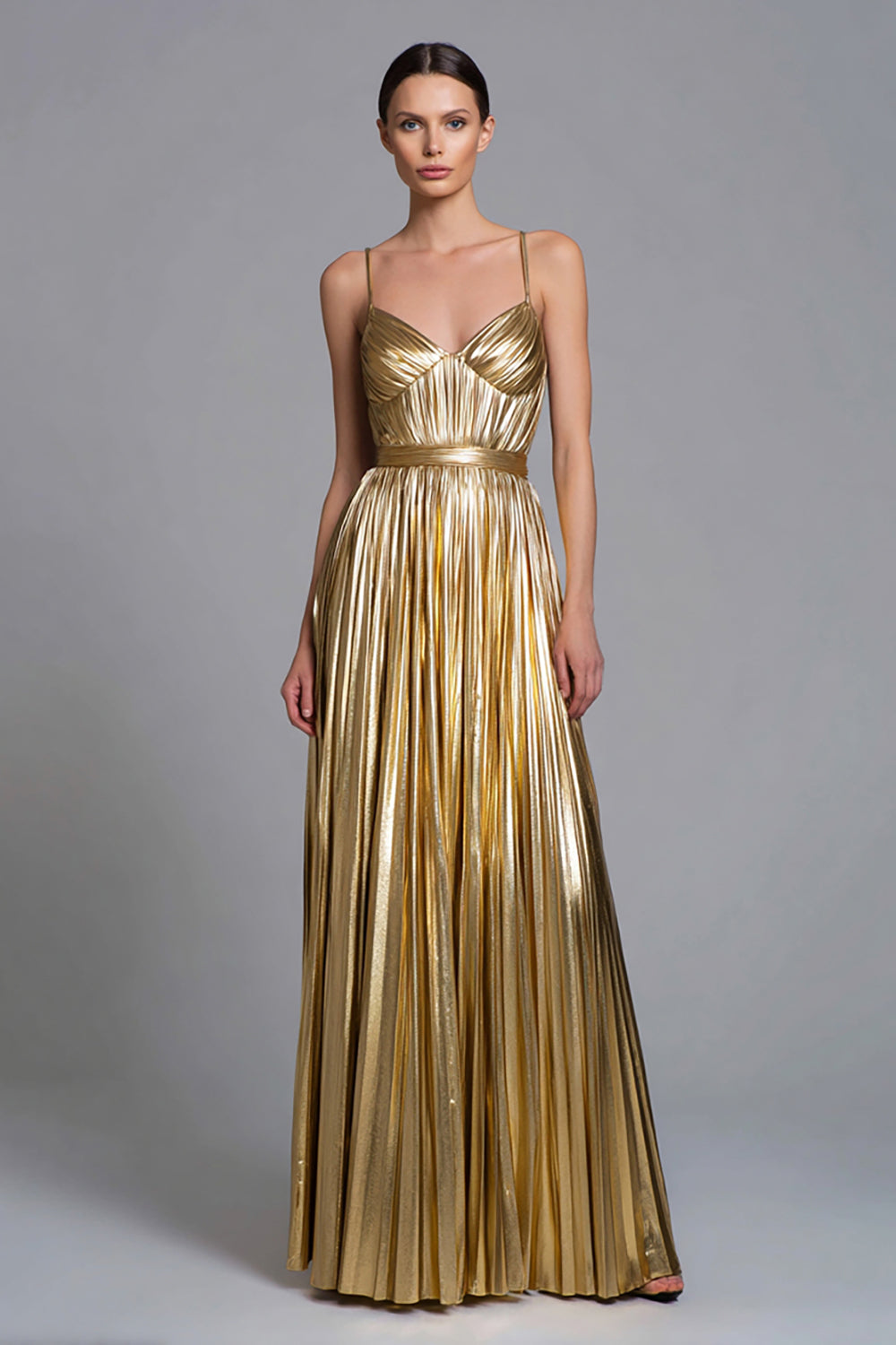 Sparkly Gold A-Line Metallic Pleated Spaghetti Straps Long Formal Dress