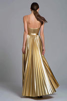 Load image into Gallery viewer, Sparkly Gold A-Line Metallic Pleated Spaghetti Straps Long Formal Dress