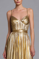 Load image into Gallery viewer, Sparkly Gold A-Line Metallic Pleated Spaghetti Straps Long Formal Dress