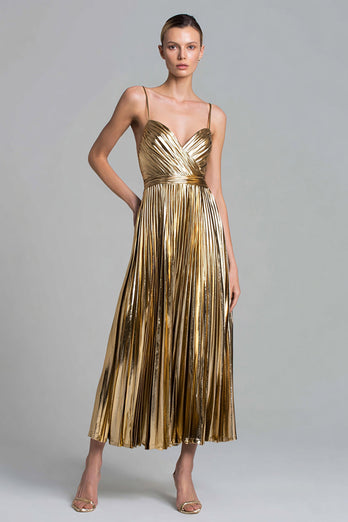 Sparkly Gold Metallic Pleated A-Line Ankle Length Formal Dress