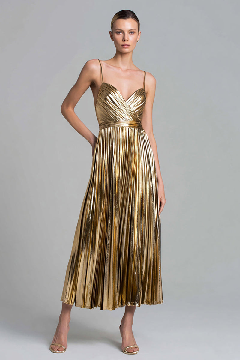 Load image into Gallery viewer, Sparkly Gold Metallic Pleated A-Line Ankle Length Formal Dress