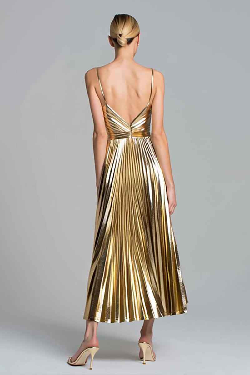 Load image into Gallery viewer, Sparkly Gold Metallic Pleated A-Line Ankle Length Formal Dress