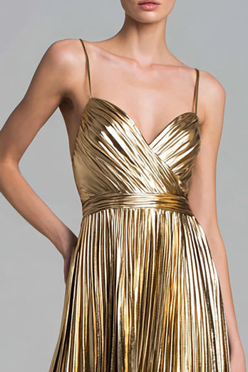 Sparkly Gold Metallic Pleated A-Line Ankle Length Formal Dress