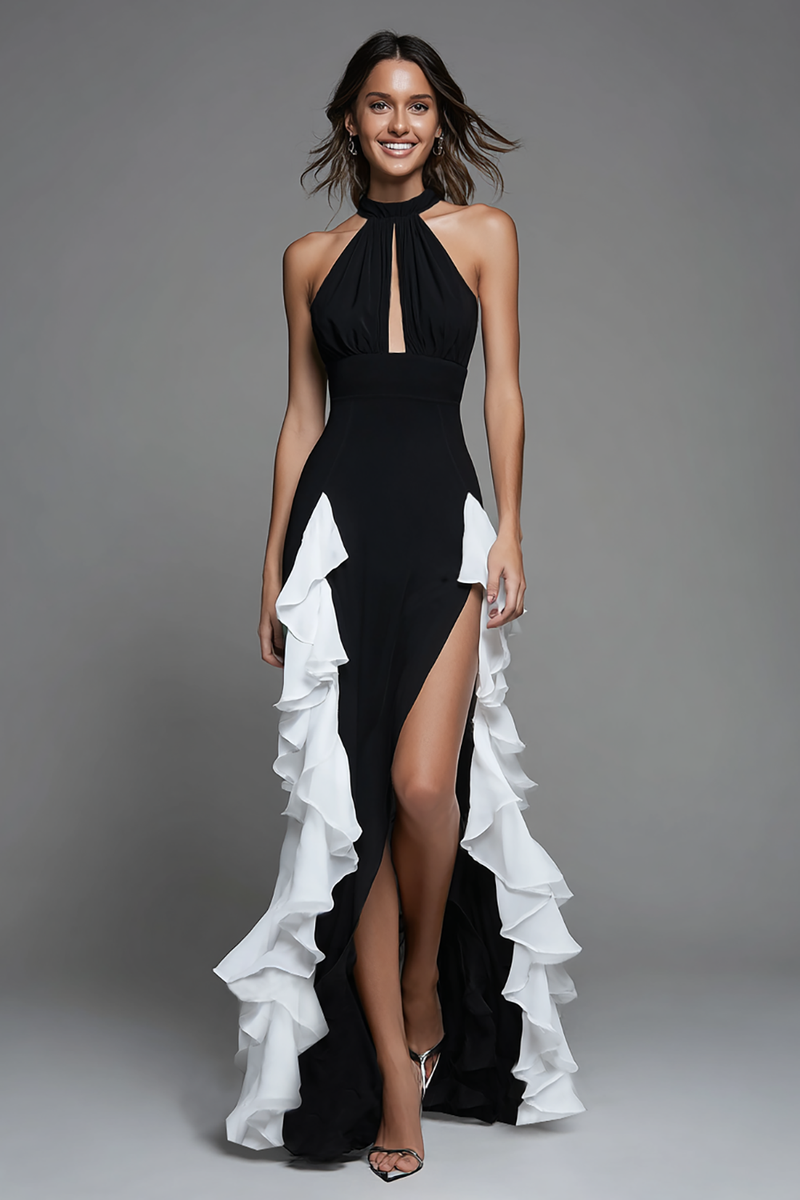 Load image into Gallery viewer, Queendancer Women Black and White High Low Formal Dress with Ruffles Satin Keyhole Sheath Sleeveless Asymmetrical Prom Dress