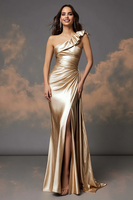 Load image into Gallery viewer, Sparkly Golden One Shoulder Ruched Prom Dress with Slit